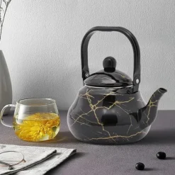 Kaffe- & Tekannor-Tekanna & Kaffekanna i Emalj - Päronformad Spiskanna - Kapacitet 2 L - Vintage Stil - För Gas-, El- och Keramikhäll - Svart