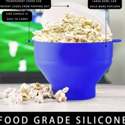 Återanvändbar Silikonpopcornmaskin för mikrovågsugn, vikbar skål med lock i Blått - 24 x 20 x 6 (14.5) cm Popcorn Maker