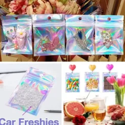 Återförslutningsbara aluminiumfoliepåsar (50 st), perfekta för festförvaring, holografiska färger, 7,5*12 cm