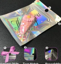 Återförslutningsbara aluminiumfoliepåsar (50 st), perfekta för festförvaring, holografiska färger, 7,5*12 cm