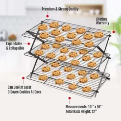 Avsvalningsgaller-Tre-lagers kylställ för kakor - Hopfällbart rostfritt stål bakgaller för tårtor, bröd och kakor