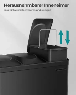 Källsorteringskärl-Trippel köksavfallskorg, återvinningskärl, pedal, metallavfallskorg, 45 L, avfallssorteringssystem köksavfallskorg, 3 x 15 L, med lock, stål, svart