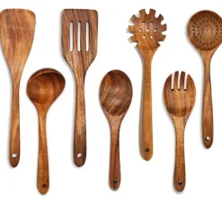 Träslevar set för matlagning, 7-delad teakträredskap, Träslevset för kök i naturligt trä
