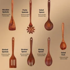 Träslevar set för matlagning, 7-delad teakträredskap, Träslevset för kök i naturligt trä