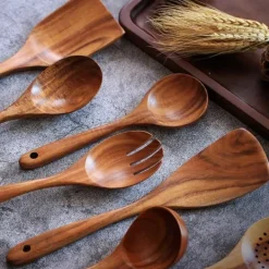 Träslevar set för matlagning, 7-delad teakträredskap, Träslevset för kök i naturligt trä