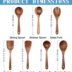 Träslevar set för matlagning, 7-delad teakträredskap, Träslevset för kök i naturligt trä