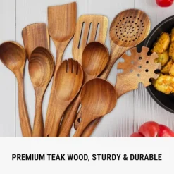 Träslevar set för matlagning, 7-delad teakträredskap, Träslevset för kök i naturligt trä