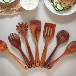 Träslevar set för matlagning, 7-delad teakträredskap, Träslevset för kök i naturligt trä