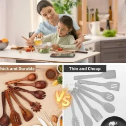 Träslevar set för matlagning, 7-delad teakträredskap, Träslevset för kök i naturligt trä