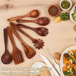 Träslevar set för matlagning, 7-delad teakträredskap, Träslevset för kök i naturligt trä