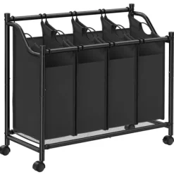 Tvättkorg – 4 fack – med hjul – svart