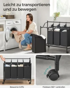 Tvättkorg – 4 fack – med hjul – svart