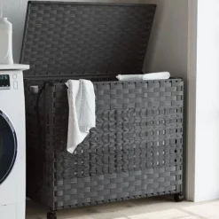 vidaXL Tvättkorg med hjul grå 66x35x60 cm rotting