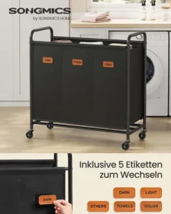 Tvättkorg med hjul och 3 fack i bläcksvart