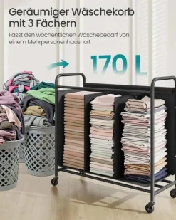 Tvättkorg med hjul och 3 fack i bläcksvart