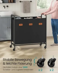 Tvättkorg med hjul och 3 fack i bläcksvart