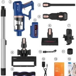 Handdammsugare-UMLo V11 blå sladdlös skaftdammsugare – 2-i-1 handdammsugare & golvdammsugare med HEPA-filter, 300W motor, LED-display
