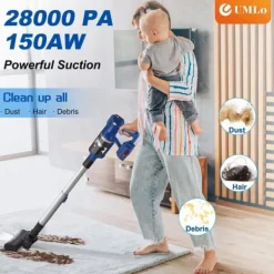 Handdammsugare-UMLo V11 blå sladdlös skaftdammsugare – 2-i-1 handdammsugare & golvdammsugare med HEPA-filter, 300W motor, LED-display