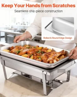 Varmfack Chafing Dish - Rektangulär Buffévärmare 6-pack - Kapacitet 9,9 L - Rostfritt Stål - Lock & Bränslehållare - Tre Mattänger