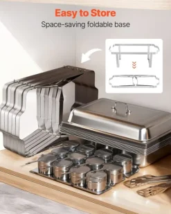Varmfack Chafing Dish - Rektangulär Buffévärmare 6-pack - Kapacitet 9,9 L - Rostfritt Stål - Lock & Bränslehållare - Tre Mattänger