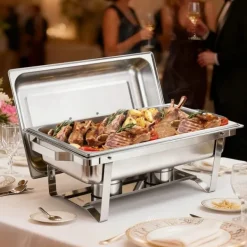 Varmfack Chafing Dish - Rektangulär Buffévärmare 6-pack - Kapacitet 9,9 L - Rostfritt Stål - Lock & Bränslehållare - Tre Mattänger