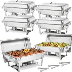 Varmfack Chafing Dish - Rektangulär Buffévärmare 6-pack - Kapacitet 9,9 L - Rostfritt Stål - Lock & Bränslehållare - Tre Mattänger