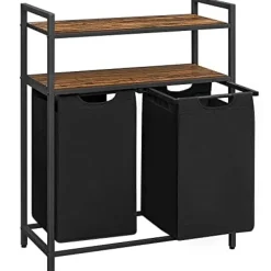 VASAGLE tvättkorgar, tvättsorterare, 2 förvaringshyllor, 46L kapacitet Rustik brun