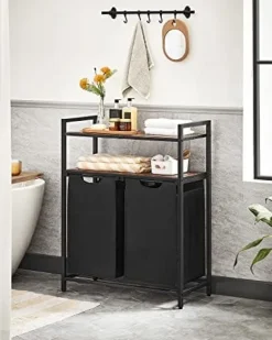 VASAGLE tvättkorgar, tvättsorterare, 2 förvaringshyllor, 46L kapacitet Rustik brun