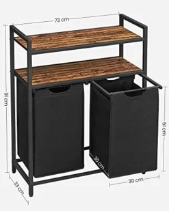 VASAGLE tvättkorgar, tvättsorterare, 2 förvaringshyllor, 46L kapacitet Rustik brun
