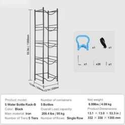 Vattenkylare-Vattenkannahållare 5-våning, Enkelrads Flaskställ för 5 Flaskor, Svart färg, Hållbar och praktisk design