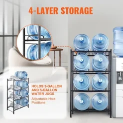 Vattenkannahållare 4-våningar, Dubbelrad Flaskställ för 8 Flaskor, Svart, Stabil Konstruktion, Platsbesparande Design