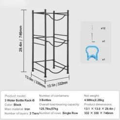 Vattenkannahållare 3-vånings, Enkelrads flaskställ för 3 flaskor, Svart, robust design, utrymmeseffektiv