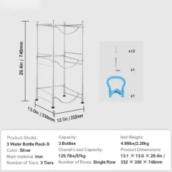 Vattenkannahållare 3-vånings, enkelrads flaskställ för 3 flaskor, silverfärg, robust och stilren design