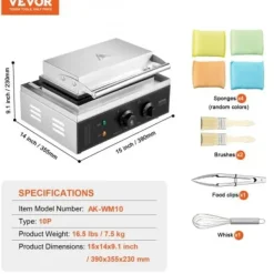 Våffeljärn, 10 rektangulär kommersiell våffelbaker, 39x35.5x23 cm, silver, rostfritt stål
