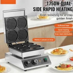 Våffeljärn-Våffelmaskin 4ST, Kommersiell Rund, 1750W, Non-stick, Snabb uppvärmning, Långvarig hållbarhet, Enkel rengöring