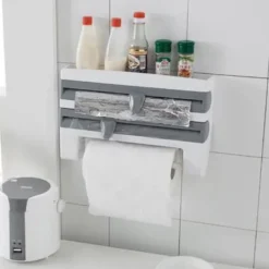 Köksorganiserare-Vägghållare för plastfolie / aluminiumfolie & hushållspapper Vit/Grå