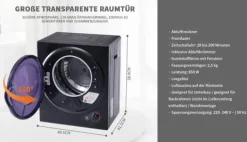 Väggmonterad torktumlare 2,5 kg, 200 min timer, dubbel filter, PTC-keramik, rostfritt, 65°C