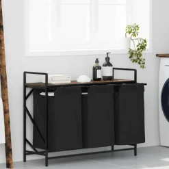 vidaXL Tvättkorg 3 fack med hylla rökfärgad ek