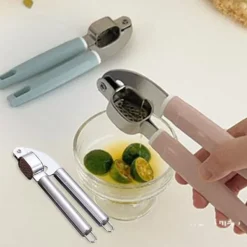 Vitlökspressar-Vitlökspress Rostfritt stål Plasthandtag Vitlöksfärs Lätt att pressa rengöring Vitlökskross för kök Rosa