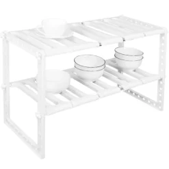 Köksorganiserare-2-vånings diskbänksställ skåporganisatör förvaring teleskopisk hylla kök badrumshållare