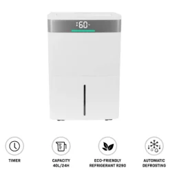 Vonroc Avfuktare 40L/dag – WiFi & Appstyrning | Silverjon- & Kolfilter | För upp till 50 m² | 5,5L Tank