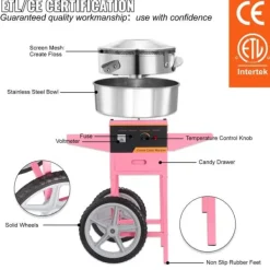 Maskiner För Spunnet Socker-1050W elektrisk sockervaddsmaskin med vagn för olika fester, lämplig för de flesta sorters socker, hög säkerhet, lätt att manövrera