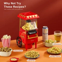 1200W retro mini varmluft popcornmaskin i handkärror stil, hälsosam och fettfri, kompakt och bärbar, lätt att rengöra