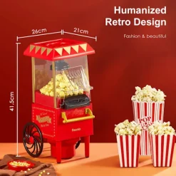 1200W retro mini varmluft popcornmaskin i handkärror stil, hälsosam och fettfri, kompakt och bärbar, lätt att rengöra