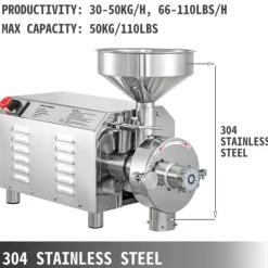 Matkvarnar-2200W 1500rpm 50kg kapacitet 30-50kg/H elektrisk spannmålskvarn med olika tillbehör, justerbar finhet, med överbelastningsskydd