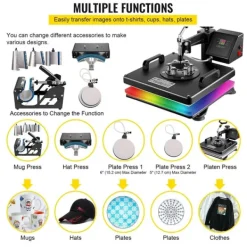 1400W 38x38 cm 8 i 1 värmepressmaskin med full tillbehör, exakt digital kontroll, 360° svängbar design, justerbar fjäderplatta