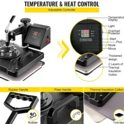 1400W 38x38 cm 8 i 1 värmepressmaskin med full tillbehör, exakt digital kontroll, 360° svängbar design, justerbar fjäderplatta