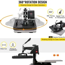 1400W 38x38 cm 8 i 1 värmepressmaskin med full tillbehör, exakt digital kontroll, 360° svängbar design, justerbar fjäderplatta