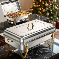 Matuppvärmare-Warmounts rektangulära guldfärgade varmhållningskärl bufféset om 2, 7,6 l styck, matvärmare i rostfritt stål med insatser i flera storlekar, hopfällbar ram | CDON