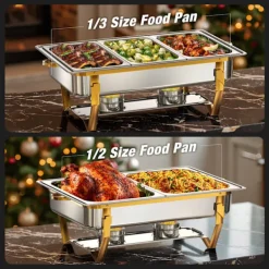 Matuppvärmare-Warmounts rektangulära guldfärgade varmhållningskärl bufféset om 2, 7,6 l styck, matvärmare i rostfritt stål med insatser i flera storlekar, hopfällbar ram | CDON